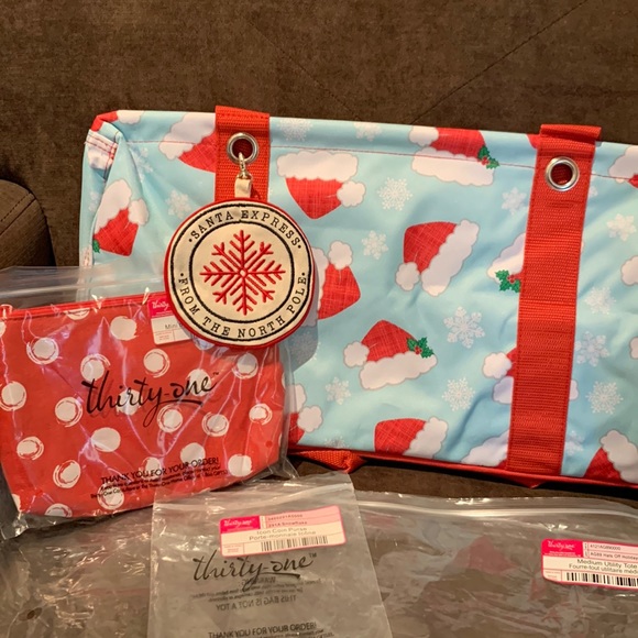 Thirty one 31 Santa hat bundle medium utility tote, icon coin purse, mini zipper - Picture 1 of 6